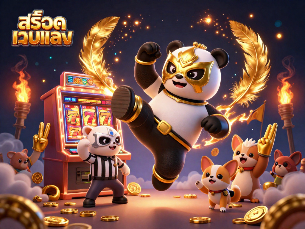 Experience the excitement of สล็อตเว็บตรง as a panda wrestler delivers a flying kick in a vibrant casino scene.