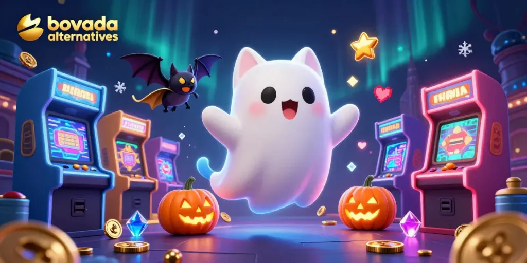 Engage with bovada alternatives for thrilling casino fun as a ghost cat and bat explore an arcade.