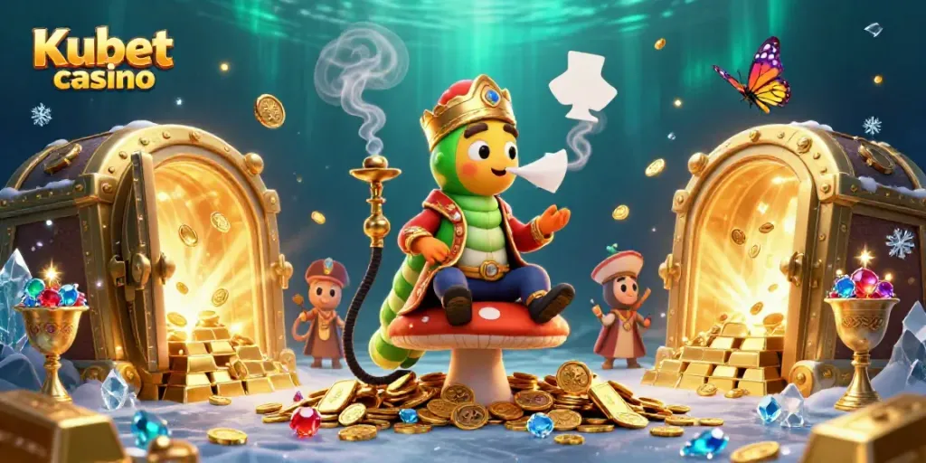 Engaging illustration of Kubet casino with a fantasy caterpillar control character, emphasizing gambling excitement.