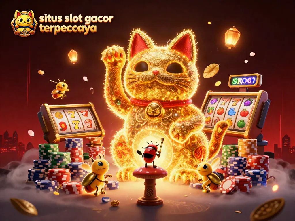 Experience the vibrant world of situs slot gacor terpercaya with a lucky cat made of fireflies and casino symbols.