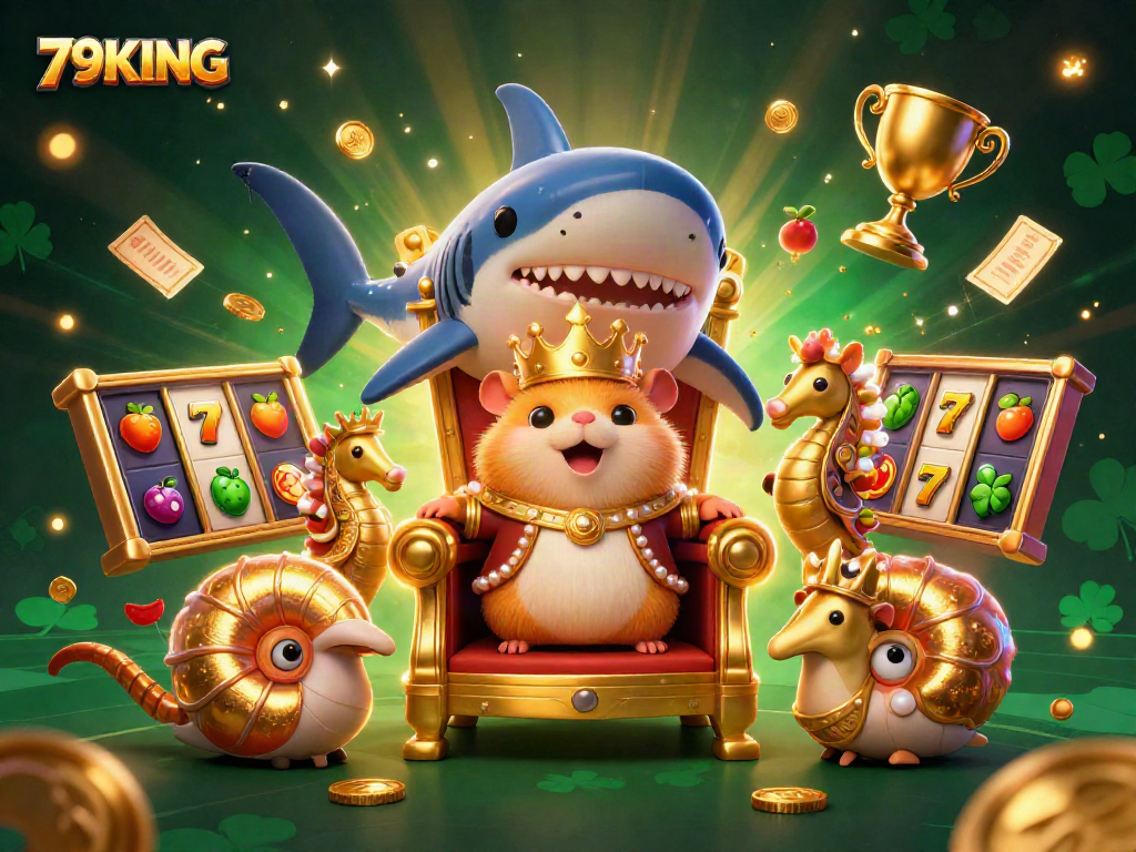 Engage with thrilling slots at 79KING, featuring vibrant 3D illustrations of a golden hamster king and dynamic casino elements.