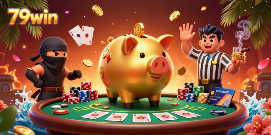 Engage with 79win's thrilling online casino scene featuring vibrant characters and colorful game elements.