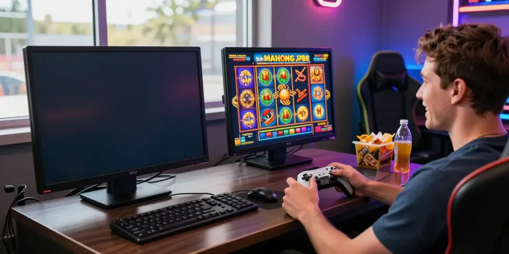 Exciting player enjoying Slot MAHJONGJP88 in a vibrant gaming setup.