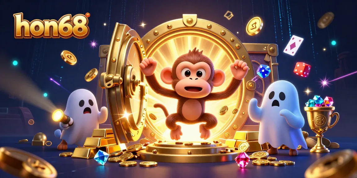 Experience fun and thrills with hon68 as a mischievous monkey juggles casino treasures in a haunted scene.