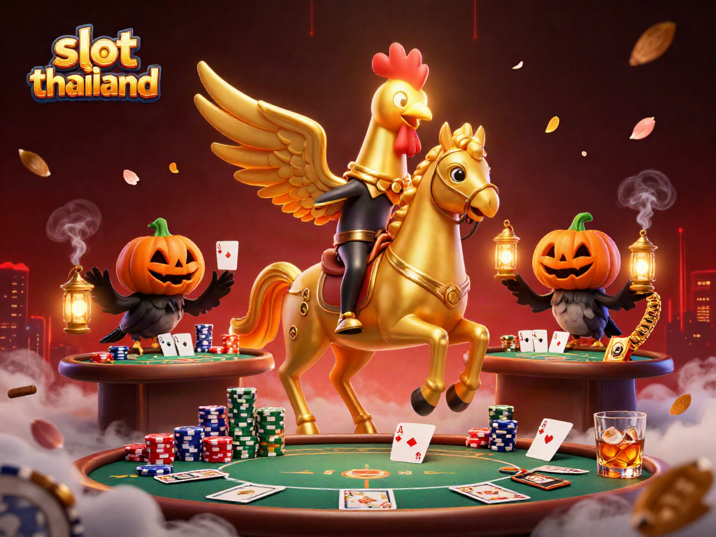 Slot Thailand illustration with a golden rooster character in a vibrant casino environment.