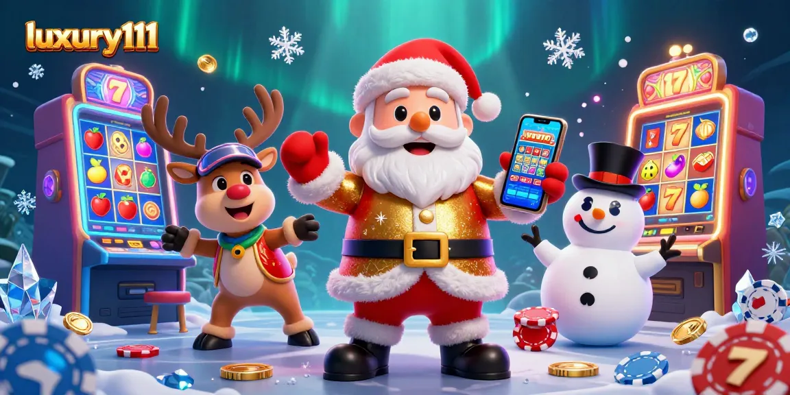 Engage with luxury111 in a vibrant 3D casino scene featuring Santa and friends.