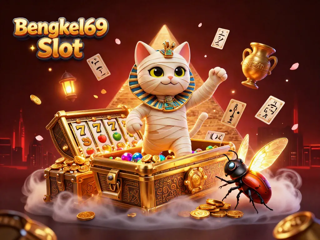 Spin the reels on Bengkel69 Slot with a captivating scene featuring a mummy cat in a vibrant casino.
