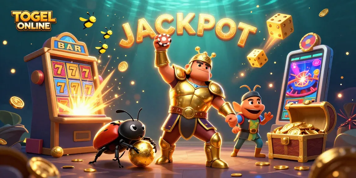 Play TOGEL ONLINE with a dynamic scene featuring a cartoon beetle and slot machine jackpot.