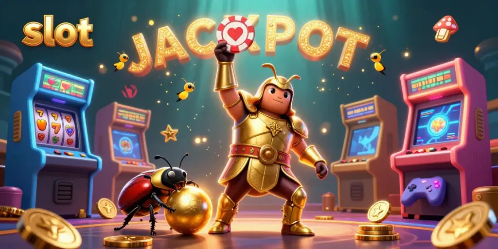 Win big on slot games with a herculean beetle champion lifting a poker chip in victory.
