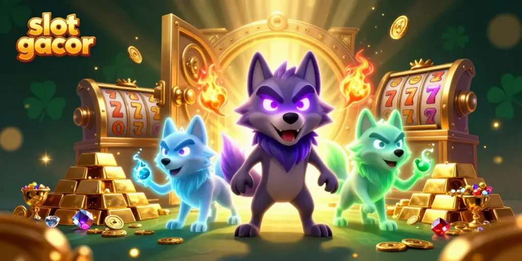 Engage in slot gacor gameplay with cartoon wolves, treasure, and vibrant gaming elements.