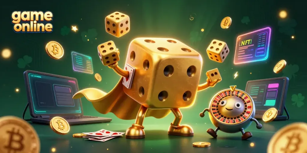 Experience the thrill of game online with a whimsical casino-themed 3D illustration featuring vibrant characters and elements.