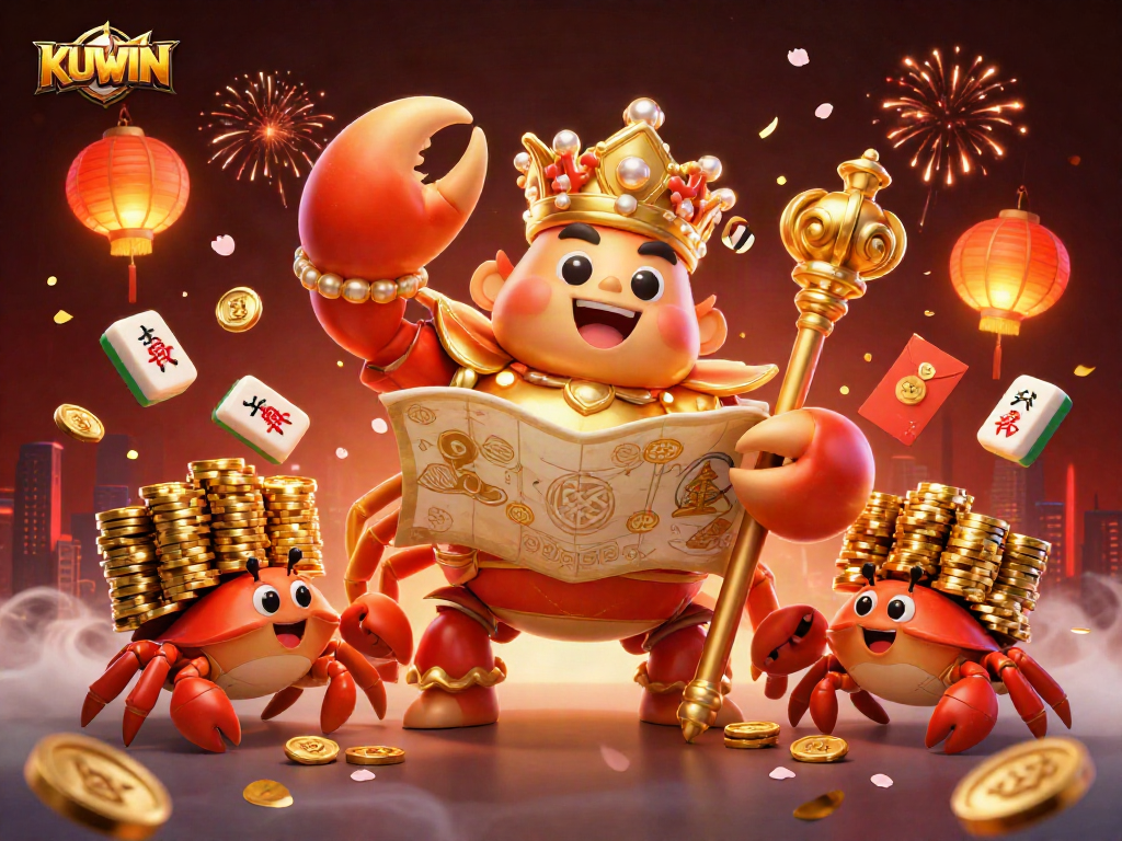 KUWIN brings excitement to gambling with vibrant visuals of a golden crab emperor in a 3D casino scene.