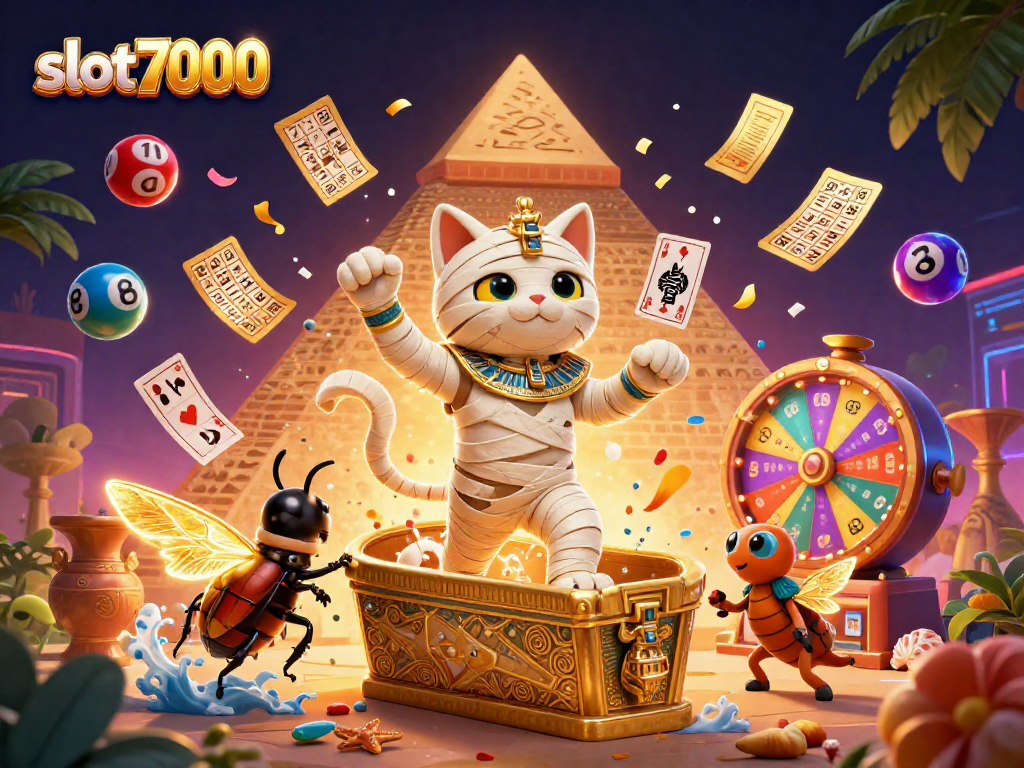 Mainkan slot7000 dengan mumi kucing dan scarab dalam kasino piramida penuh warna.
