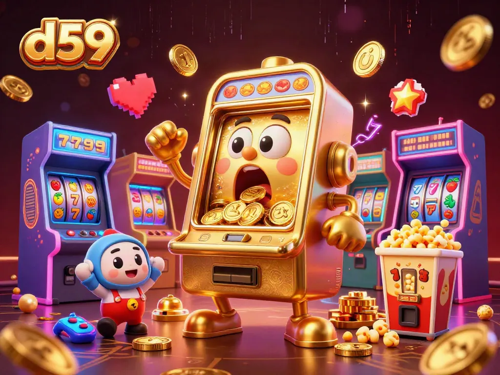 D59 slots scene where a golden slot machine wins a jackpot, illustrated with baby machines and game elements.