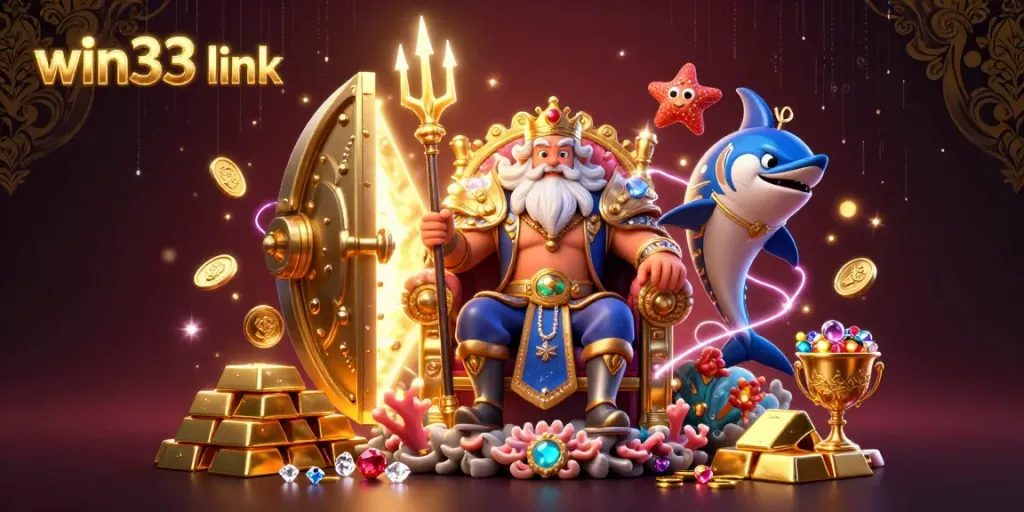 Discover thrilling gameplay at win33 link with a vibrant casino scene featuring Neptune and treasure.