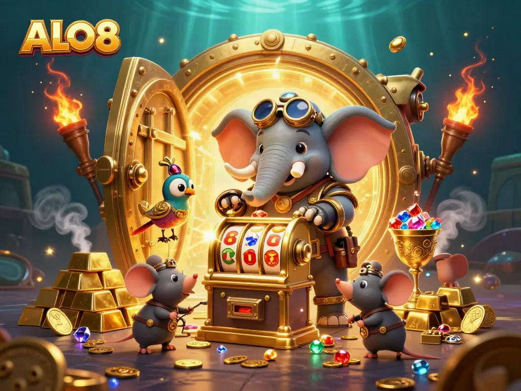 Engage with ALO8's thrilling gameplay featuring a steampunk elephant at a golden slot machine, surrounded by treasure.