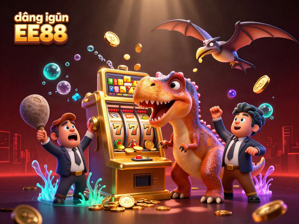Experience the excitement of đăng nhập EE88 as dynamic characters interact with vibrant casino elements in this 3D scene.