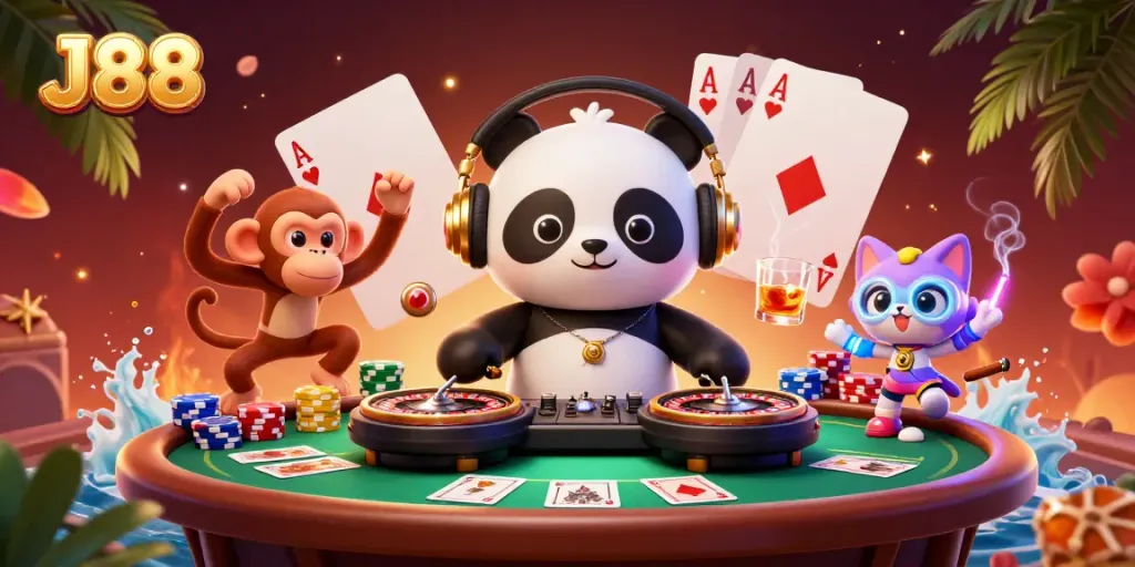 Engage in a vibrant casino scene with J88 featuring a DJ panda, dancing monkey, and rave kitten.