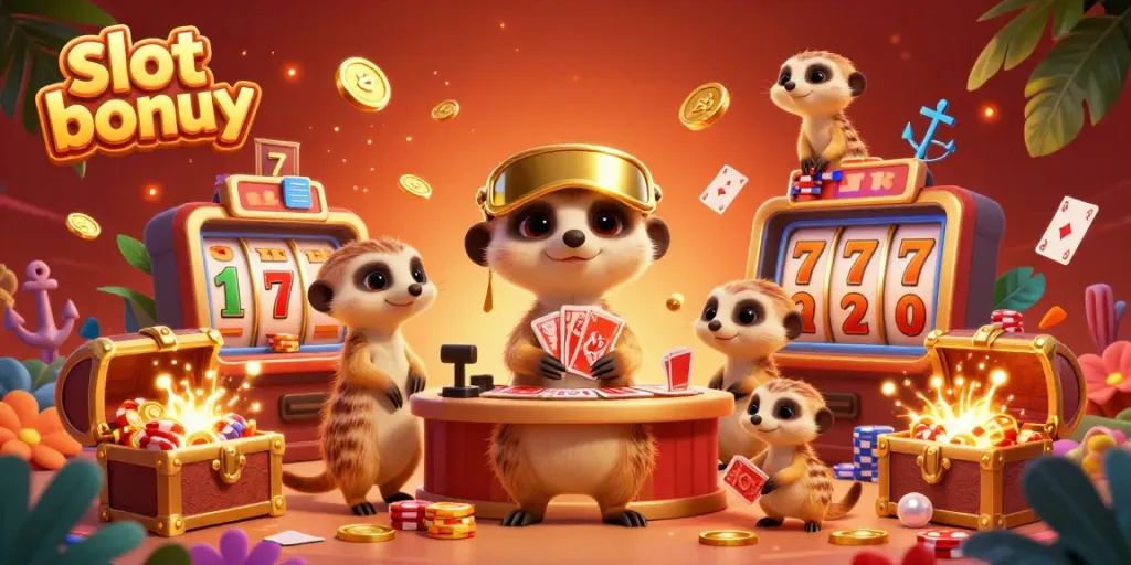 Experience thrilling slot bonus action in a vibrant casino managed by meerkats, amidst golden coins and exciting games.