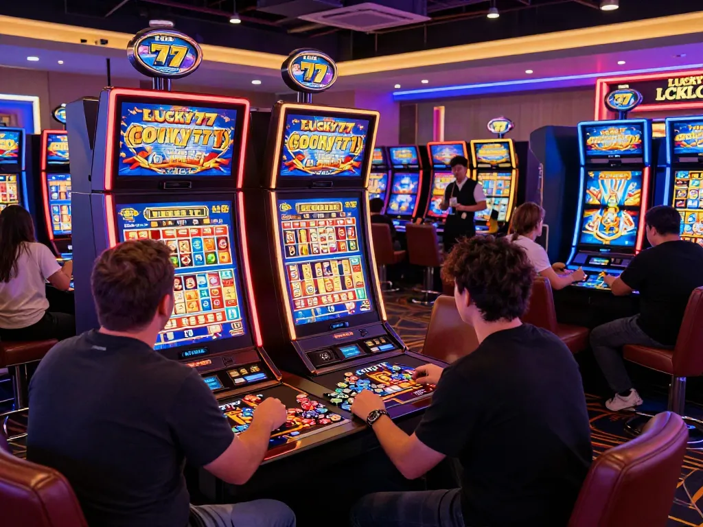 Engaging casino scene showcasing Lucky777 slot machines and players in action.