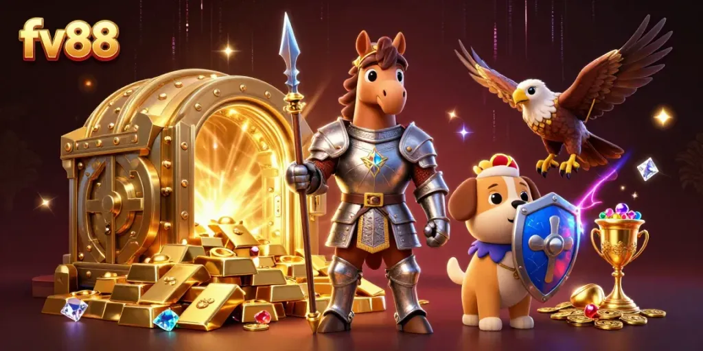 Experience the excitement of fv88's gaming with a knight, squire, and falcon in a dazzling treasure scene.