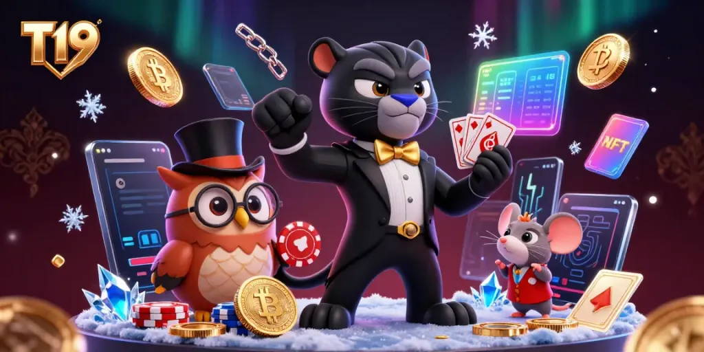 Engage with T19 through a vibrant scene featuring a tuxedoed panther dealing cards surrounded by crypto-themed elements.
