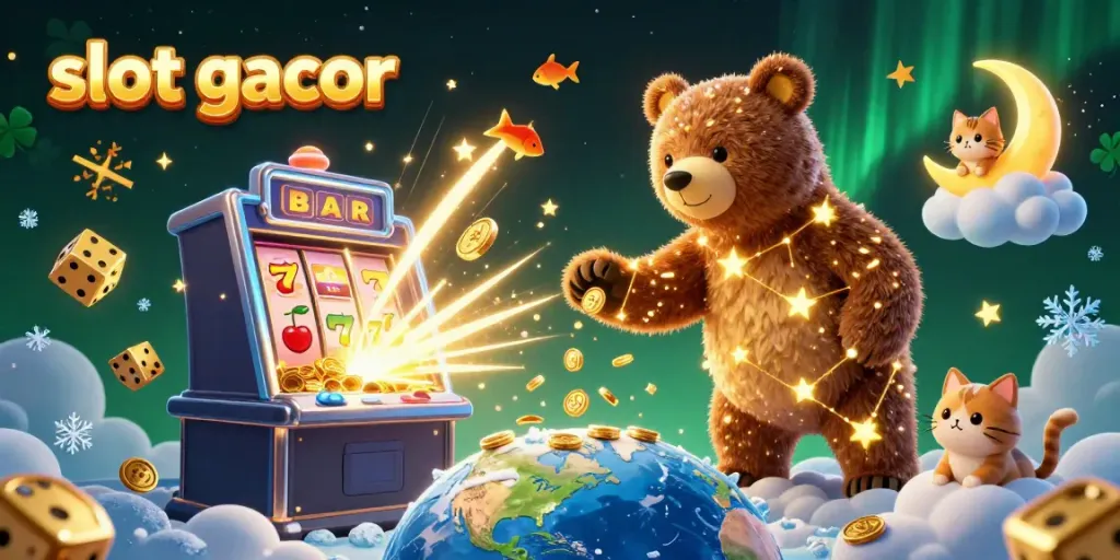 Permainan slot gacor yang menarik dengan banyak karakter lucu dan simbol taruhan berkilauan.