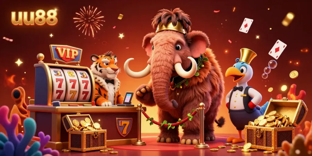 Experience the excitement of uu88 with a vibrant casino scene featuring unique characters and game elements.